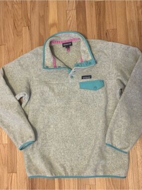 Patagonia Synchilla Jacket Fleece Pullover Large Oatmeal Blue Pink Lightweight